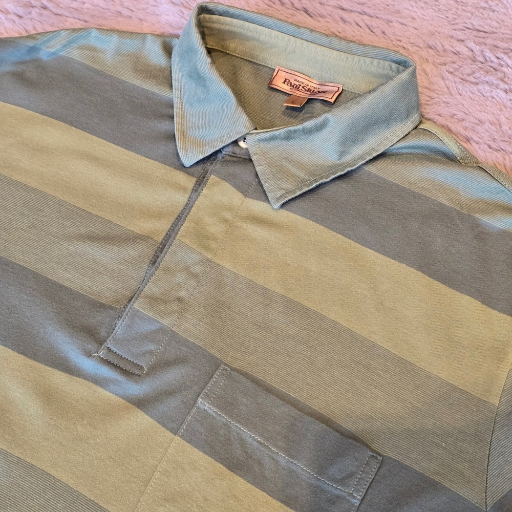 Paul Stuart Mens Large Polo Shirt Made in Italy Green Striped Filo di Scozia L